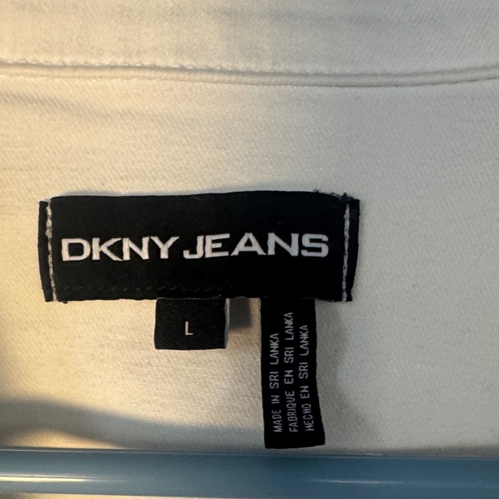 DKNY White Denim Jean Jacket - Classic Button-Front, side lace up,ladies size L - Picture 2 of 6